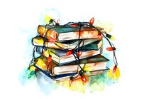 Stack of books wrapped in colorful Christmas string lights against watercolor background, festive holiday reading concept with warm glowing illumination.