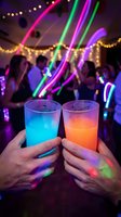 Hands toasting with colorful cocktails at vibrant nightclub party with neon lights and dancing crowd in background for celebration events.