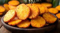 Fresh juicy pineapple slices arranged on dark wooden plate, bright golden yellow tropical fruit on rustic background with natural lighting.