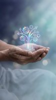 Cupped hands holding glowing digital tree with gears and arrows symbolizing business growth, innovation and technological development in corporate environment.