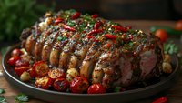 Juicy roasted pork loin garnished with fresh herbs and cherry tomatoes on dark plate, close up view of meat dish with grilled vegetables and savory sauce.