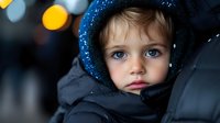 Young child with striking blue eyes wearing winter coat and hood, captured in atmospheric low light with bokeh background, expressing innocent contemplative mood.