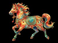 Ornate carousel horse with vibrant red, gold, and turquoise decorative patterns, flowing mane and tail, isolated on transparent background. Ready for t-shirt design, clipart, stickers, and print-on-demand products.