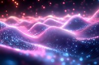 Abstract digital landscape with glowing pink and blue waves flowing over dark background, particles and light effects creating futuristic technological terrain.