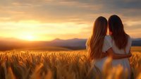 Two young women embracing in golden wheat field at sunset with mountains in background, friendship and sisterhood concept for lifestyle content.
