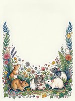 Adorable rats family surrounded by floral border with roses, lavender and greenery on cream background for greeting cards and nursery decor.