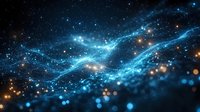 Glowing blue energy waves flow through dark space with shimmering golden particles and stars creating magical cosmic atmosphere for backgrounds.