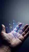 Open palm holding glowing digital hologram with rising bar charts, network nodes, and financial data visualization against dark background for business technology concepts.