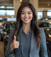 Young Asian businesswoman showing thumbs up gesture while standing in modern car dealership showroom, wearing professional grey suit and smiling warmly at camera.