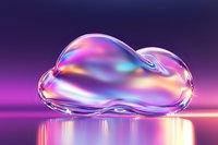 Iridescent glass cloud shape with holographic reflections on purple gradient background. Futuristic design element for modern creative projects.