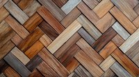 Geometric herringbone pattern of natural wood blocks in varied brown tones creates rustic parquet flooring texture with rich grain detail and warm colors.
