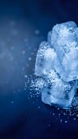 Macro shot of crystalline ice cubes with frost and frozen water droplets on deep blue background, suitable for beverage, winter, and cooling concepts.