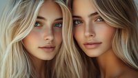 Close-up portrait of two young blonde women with blue eyes and natural makeup, showcasing freckles and glowing skin for beauty and fashion advertising.