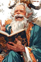 Elderly man with white beard laughing while reading book, wearing teal robe. Expressive illustration shows joy and wonder in storytelling. Dynamic pose captures genuine emotion.