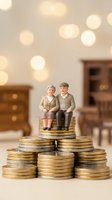 Elderly couple figurines sitting on stack of coins representing retirement savings and financial planning for senior years with warm bokeh background.
