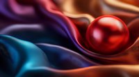 Shiny red pearl on flowing silk fabric with vibrant blue, purple and copper colored satin waves creating elegant luxury background for jewelry design.