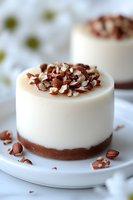 Mini no-bake cheesecake topped with crushed hazelnuts on white plate. Creamy white dessert with chocolate cookie base and nutty garnish creates elegant presentation.