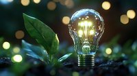 Glowing light bulb with green plant sprouting from soil symbolizing eco-friendly innovation and sustainable energy solutions for environmental concepts.