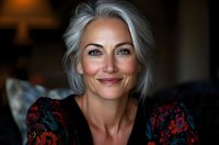 Confident mature woman with silver gray hair and natural makeup smiling warmly at camera, wearing floral pattern dress. Close up portrait in soft natural lighting.