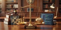 Golden scales of justice on wooden desk with law books, gavel, and laptop displaying legal code in traditional library office setting for legal services.