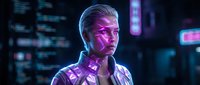 Mature man with gray hair and light skin tone wearing futuristic tech collar in neon-lit cyberpunk environment. Ideal for sci-fi, technology, and gaming projects.