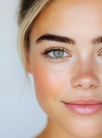 Close-up portrait of young Caucasian woman with natural makeup, freckles, and bright blue eyes against white background, showcasing fresh glowing skin.