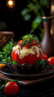 Stuffed red tomato with melted cheese, chili peppers and fresh herbs served in dark ceramic bowl. Moody food photography with natural lighting.