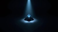 Glowing blue crystal pyramid on dark background with dramatic spotlight illumination, suitable for technology, innovation, and futuristic design projects.