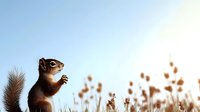 Red squirrel standing on hind legs against blue sky and autumn meadow background, soft focus on dried wildflowers and grass silhouettes at sunset.
