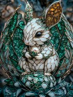 Ornate white rabbit figurine with emerald and bronze metalwork details, sitting among decorative foliage. Intricate mosaic-style design creates magical fantasy artwork.