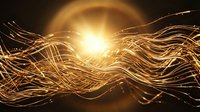 Abstract golden light trails flowing in dynamic waves with bright luminous center creating energy and motion effects for modern digital backgrounds.