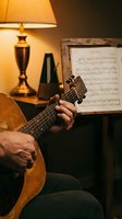 Musician playing acoustic guitar in cozy home studio with sheet music and warm lamp lighting creating intimate musical atmosphere for practice sessions.