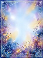 Festive fireworks frame with ornate scrollwork borders and glowing light effects in purple, blue, and gold tones, ideal for celebration invitations, greeting cards, and event posters.