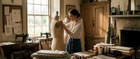 Young woman tailor working on dress form in vintage sewing room with wooden furniture, natural lighting and traditional craftsmanship tools.