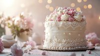 Elegant white wedding cake decorated with delicate lace piping, pink and white buttercream rosettes, and pearl details on blurred bokeh background.