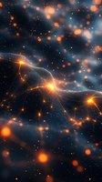 Digital network visualization with glowing orange and blue particles connected by luminous lines against dark background. Use for technology, data science, and innovation concepts.