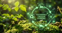 Sustainable circular economy concept with green technology icons floating over moss and plants in natural forest environment for eco-friendly business solutions.