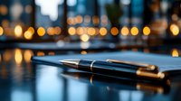 Elegant fountain pen on dark reflective surface with soft bokeh lights in background creates luxurious atmosphere for business and writing concepts.