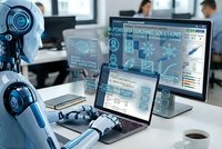 Humanoid robot working on laptop with advanced learning solutions dashboard in modern office environment with business professionals in background.