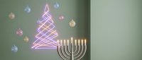 Modern holiday celebration with neon Christmas tree and menorah candles creating festive multicultural winter atmosphere for seasonal greeting cards.
