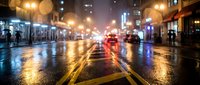 Wet city street at night with glowing streetlights and car headlights creating bokeh effects on rain-soaked asphalt pavement in urban downtown area.