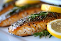 Grilled salmon fillet seasoned with black pepper and herbs, garnished with fresh rosemary sprigs and lemon slices, close-up view showing moist, flaky texture.