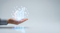 Businessman hand holding glowing upward trending chart with percentage symbols, representing financial growth, profit increase, and business success analytics for corporate presentations.