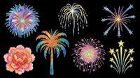 Colorful fireworks, palm tree, and flower clipart set isolated on transparent background, ready for T-shirts, stickers, sublimation, and print on demand.