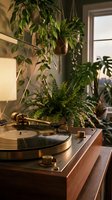 Vintage turntable with vinyl record on wooden cabinet, surrounded by lush indoor plants in warm cozy living room with golden light.