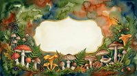 Watercolor forest frame with mushrooms, ferns, and foliage surrounding a blank label, perfect for nature-themed invitations and greeting cards.