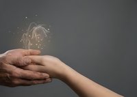 Two hands gently cupped together releasing a glowing magical plant with golden sparks, symbolizing care, hope, and the transfer of life.