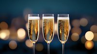 Elegant champagne flutes filled with sparkling golden bubbles against blurred bokeh lights background, celebration atmosphere for luxury events and parties.