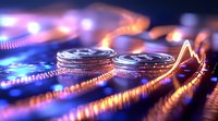 Glowing cryptocurrency coins on digital graph background with neon orange and blue lights showing market trends and financial technology concept.