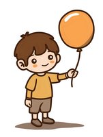 Cute cartoon boy in yellow shirt holding orange balloon with happy expression, drawn in kawaii style on isolated background for children's designs and party decorations.
